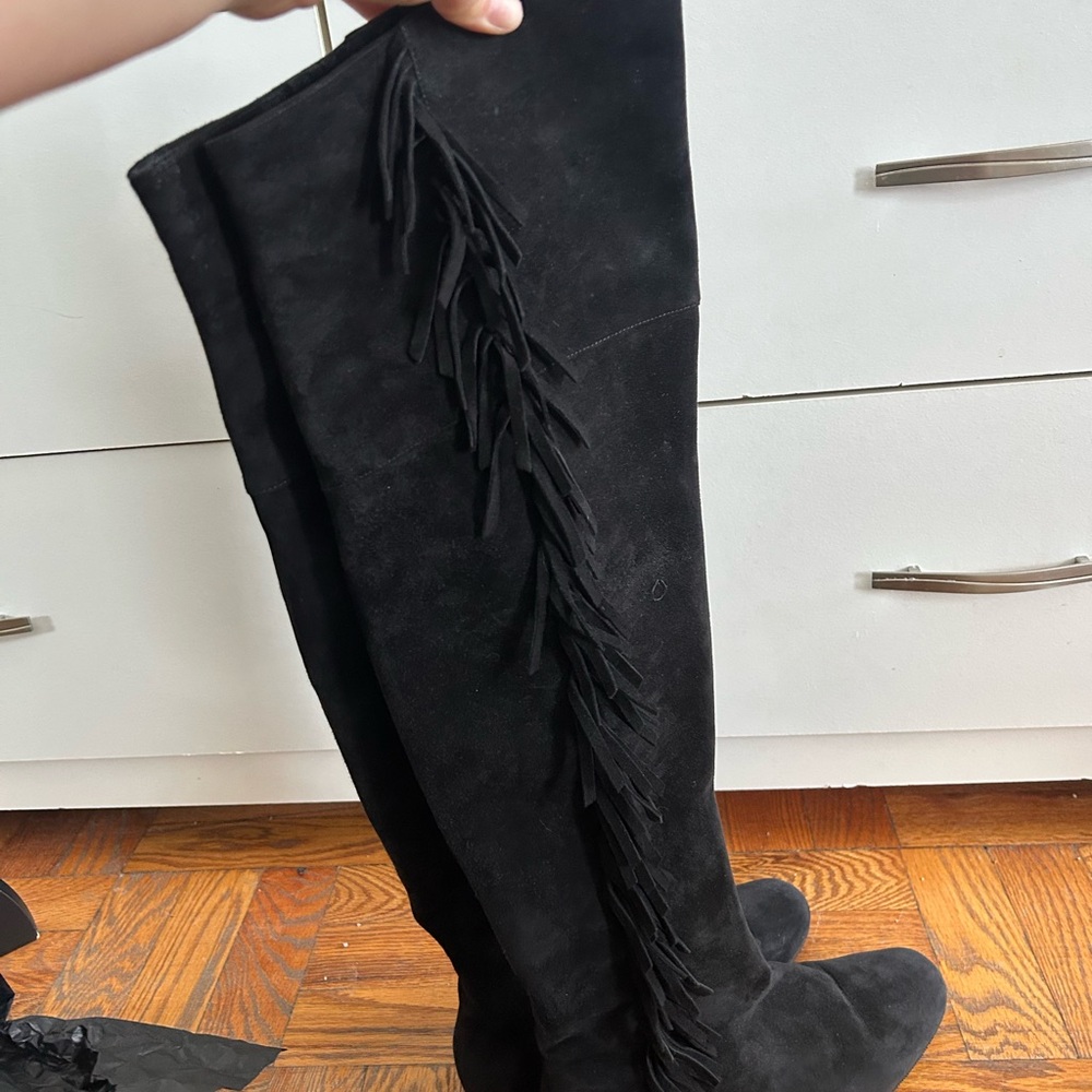 Saint Laurent Black Over the Knee Boots with Fringe - Picture 4 of 7
